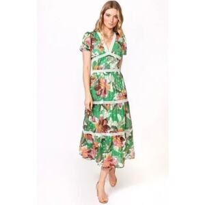 Adelyn Rae‎ Lian Jacquard Printed Midi Dress XL Green Floral Tropical Boho